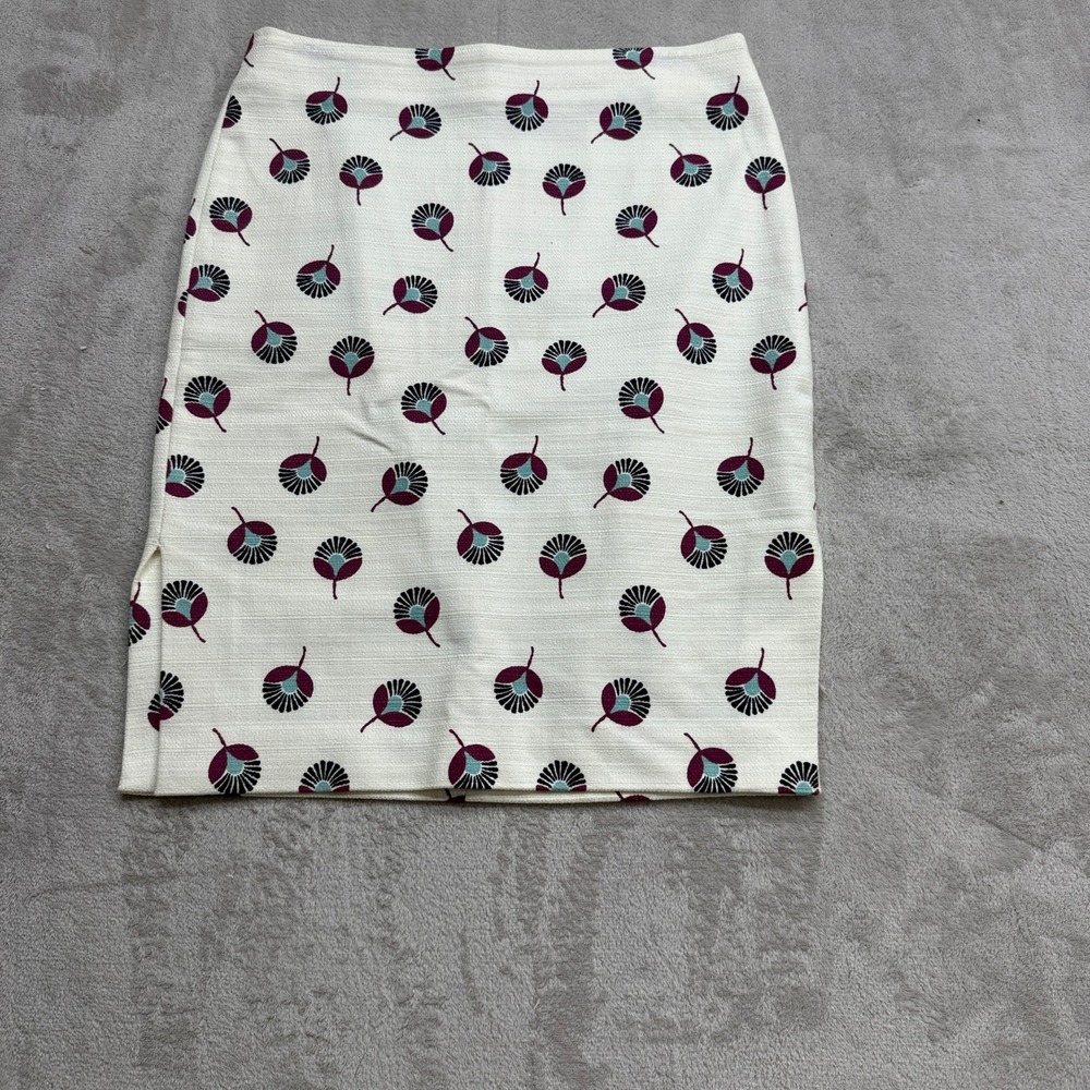 Loft Pencil Skirt Womens 6 White Purple Geometric Floral Retro Preppy Side Slit